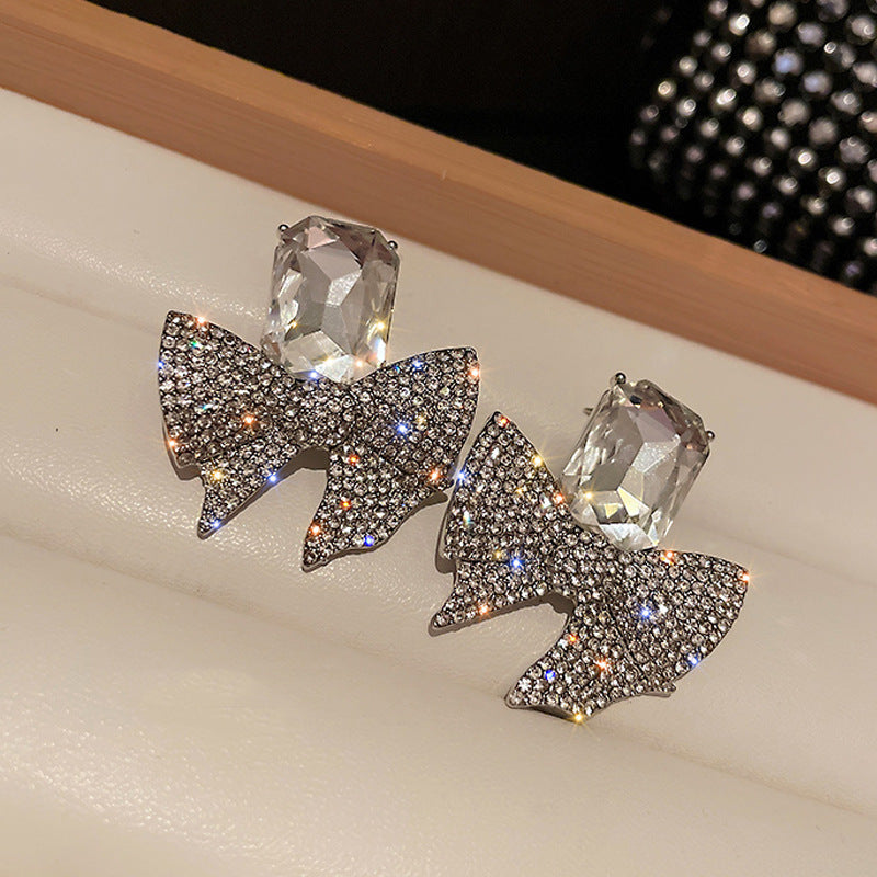 ZJE-165 Sparkling Bow Shape Zircon Korean Earrings- Golden