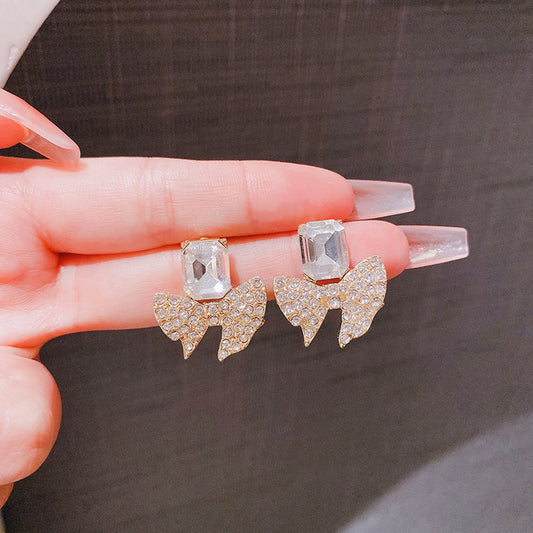 ZJE-165 Sparkling Bow Shape Zircon Korean Earrings- Golden