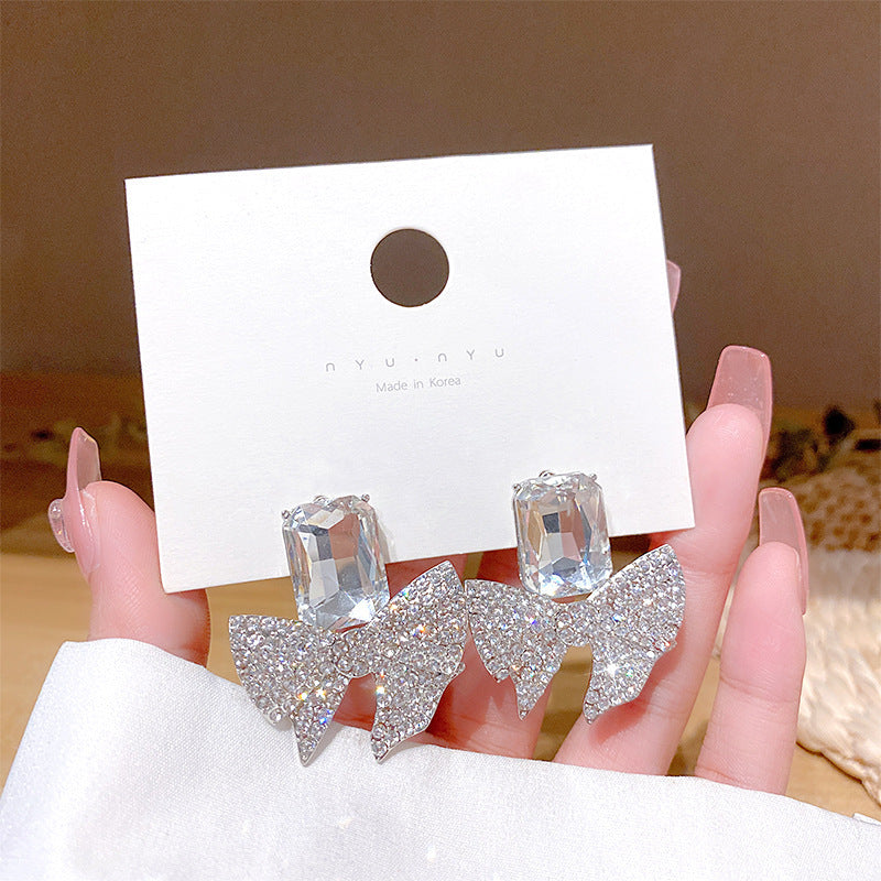 ZJE-165 Sparkling Bow Shape Zircon Korean Earrings- Golden